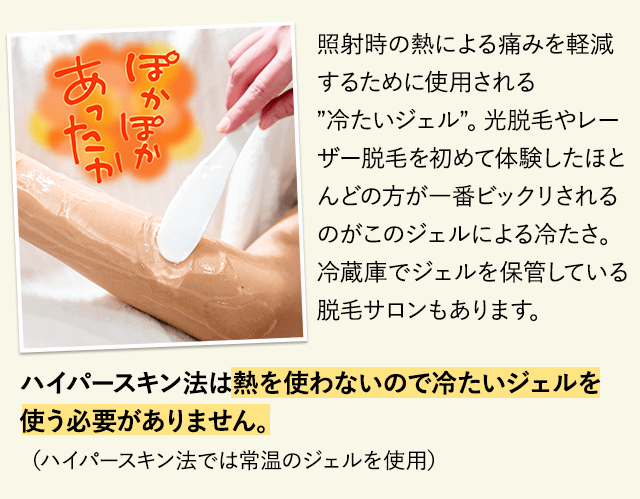 照射時の熱による痛みを軽減するために使用される”冷たいジェル”光脱毛やレーザー脱毛を初めて体験したほとんどの方が一番ビックリされるのがこのジェルによる冷たさ。冷蔵庫でジェルを保管している脱毛サロンもあります。ハイパースキン法は熱を使わないので冷たいジェルを使う必要がありません。（ハイパースキン法では常温のジェルを使用しています）