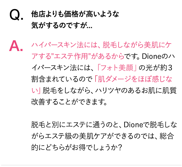 cont01-1_spQ.他店よりも価格が高いような気がするのですが？A.ディオーネのハイパースキン法には「フォト美顔」の光が約３割含まれているので「肌ダメージををほぼ感じない」脱毛をしながら、ハリツヤのあるお肌に肌質改善することができます。脱毛と別にエステに通うのと、ディオーネで脱毛しながらエステ級の美肌ケアができるのでは、総合的にどちらがお得でしょうか？