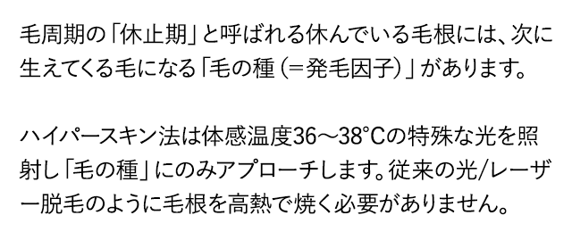 毛周期の「休止期」と呼ばれる休んでいる毛根には、次に生えてくる毛になる「毛の種（＝発毛因子）」があります。ハイパースキン法は体感温度36～38℃の特殊な光を照射し「毛の種」にのみアプローチします。従来の光レーザー脱毛のように毛根を高熱で焼く必要がありません。
